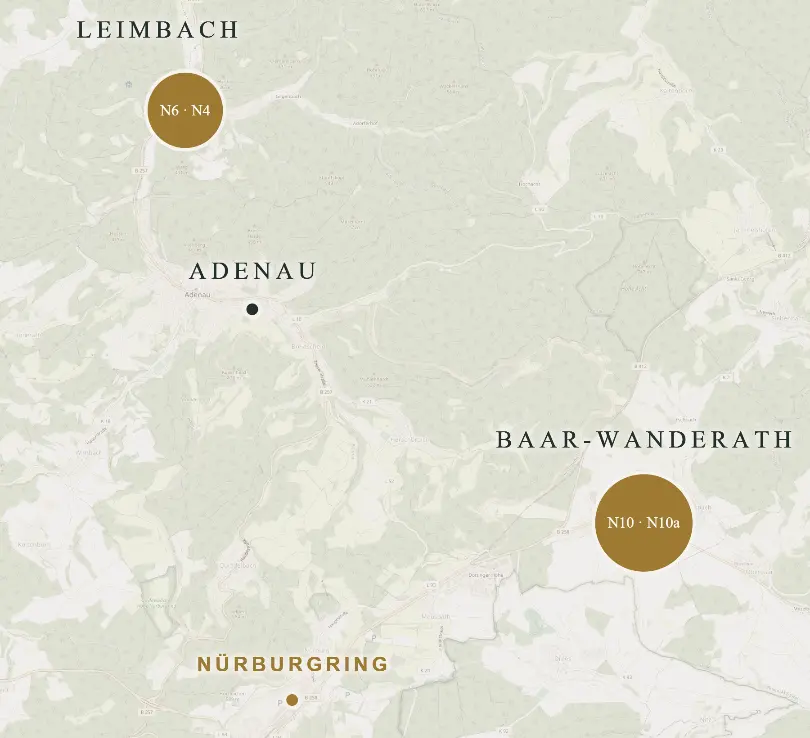 Karte der Eifel mit den Standorten Leimbach (N°6, N°4) und Baar-Wanderath (N°10, N°10a) sowie Adenau und dem Nürburgring.